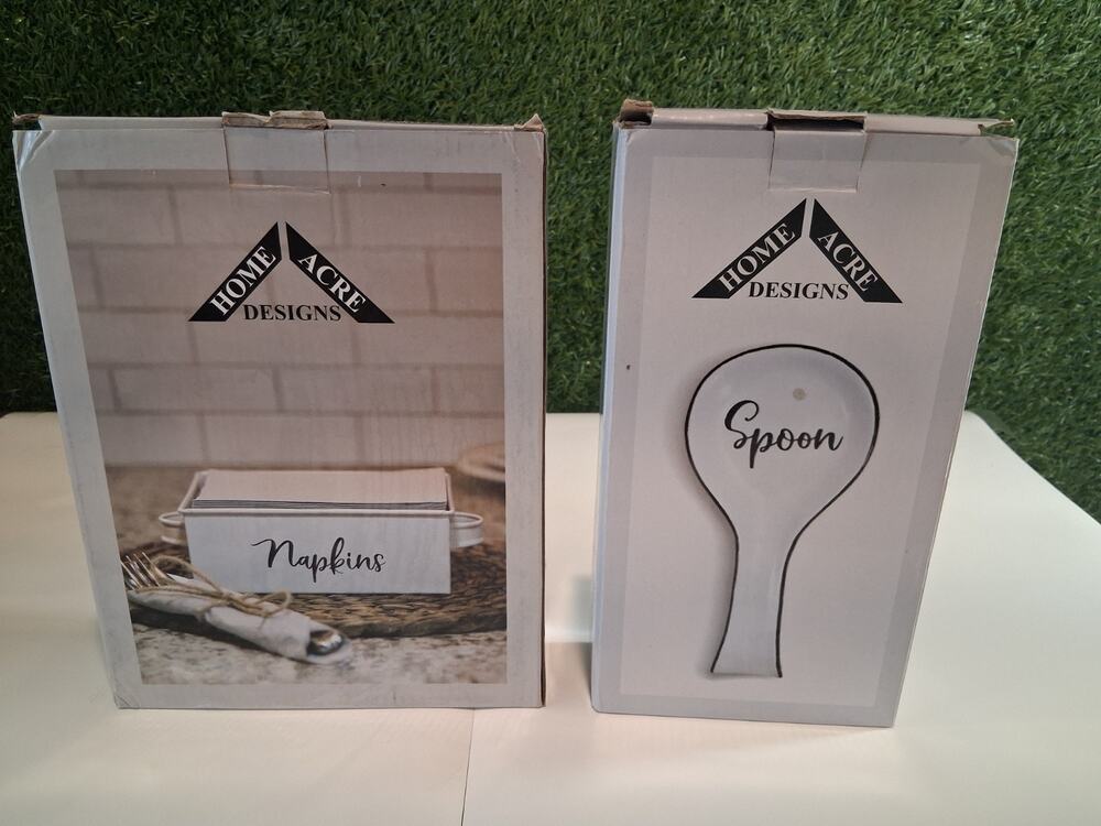 Home Acre Designs Farmhouse Napkin Holder & Spoon Rest Combo Lot White Steel New
